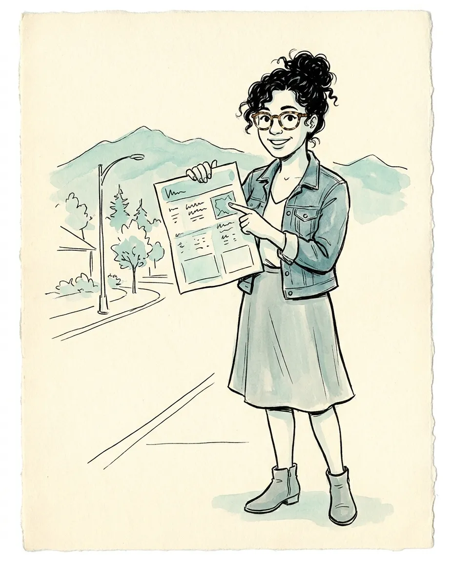 Ink-and-wash sketch of a young woman in a denim jacket holding up a weekly events flyer and pointing at today