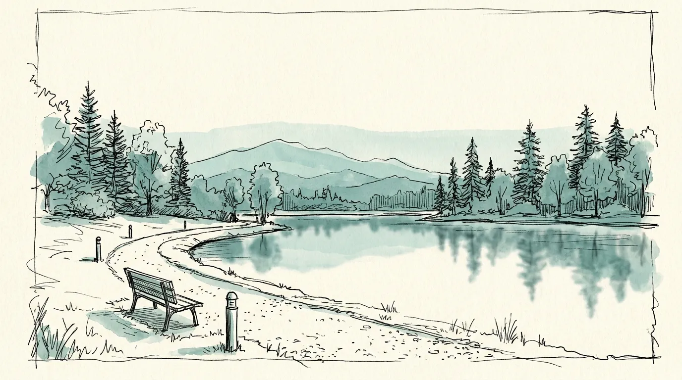 Ink-and-wash drawing of Lafarge Lake in the evening, a path and bench along the water and mountains on the horizon