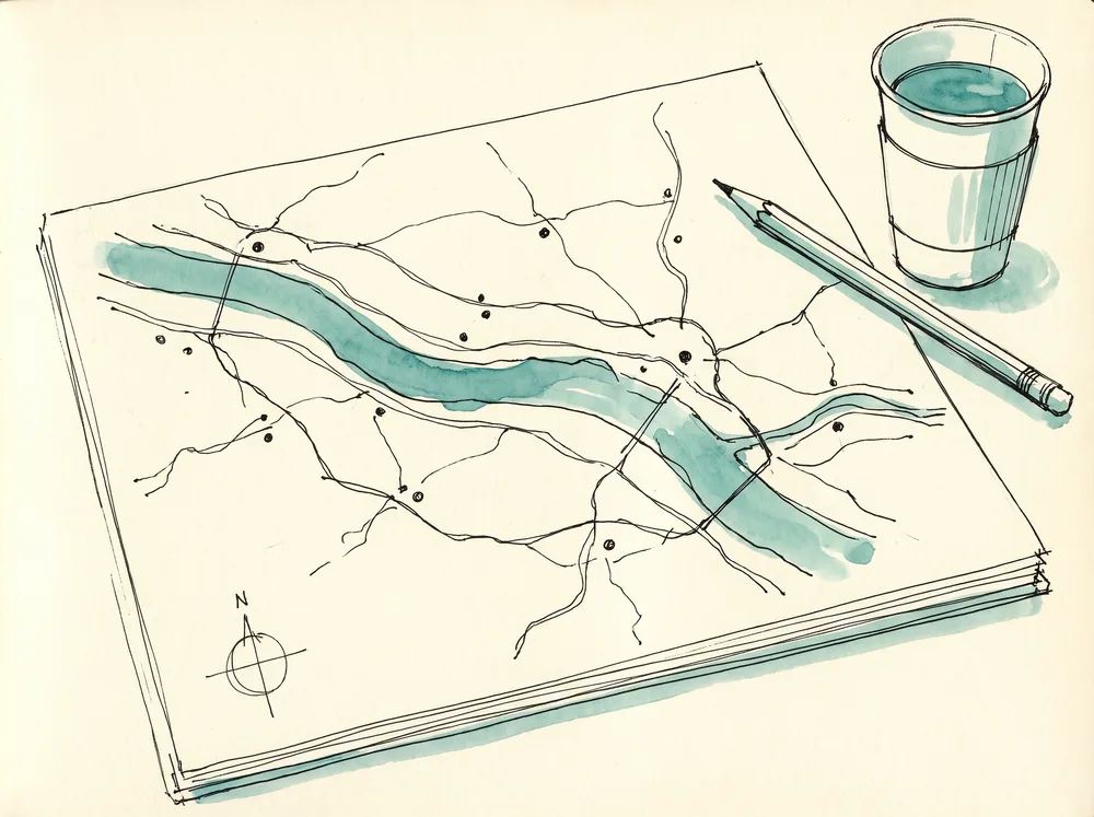 Ink-and-wash sketch of a hand-drawn map with a river and towns joined by roads